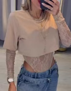 Women Summer Lace Bodysuit and Round Neck Long-Sleeve Top Two-Piece Set