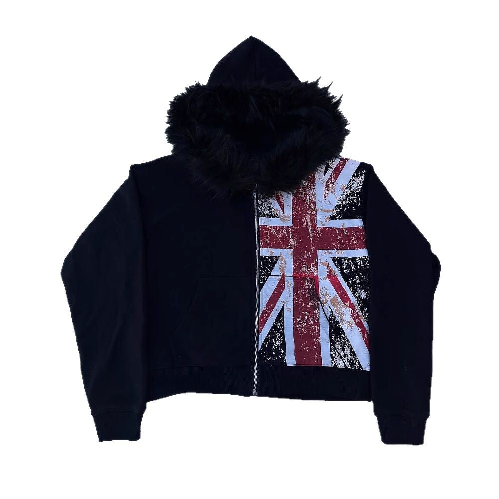 Fur Collar Printed Zipper Sweater Long Sleeve Pullover Hoodie Vintage Coat