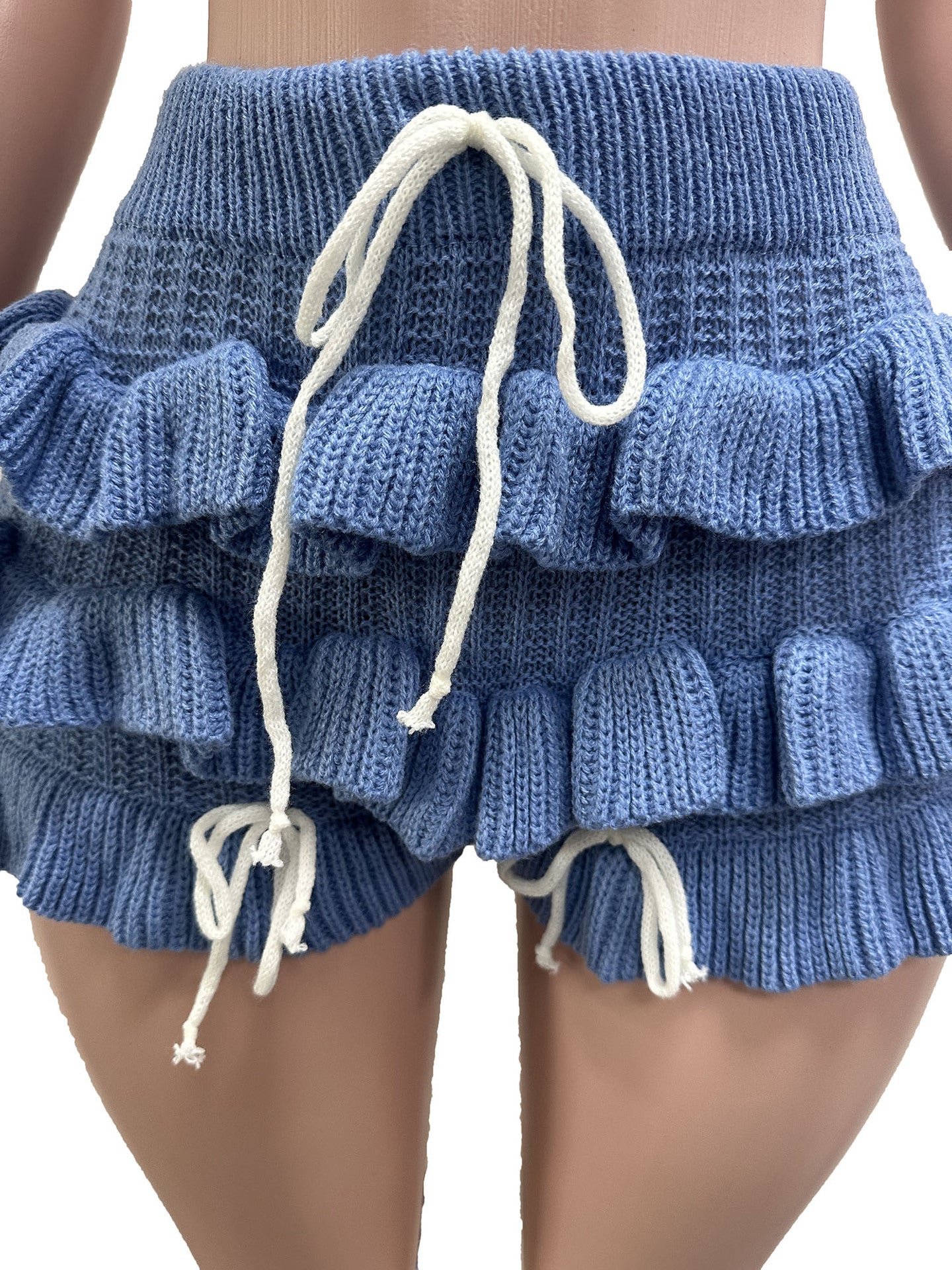 Women Summer Beach Crochet Set Ruffle Lace-Up Crop Top Shorts Casual Vacation Set