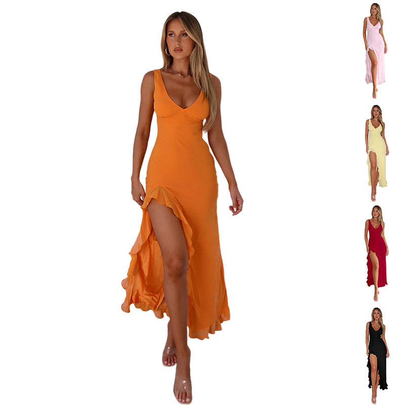Women's Ruffle Split Suspender Dress - Sexy Slim V-Neck Evening Dress