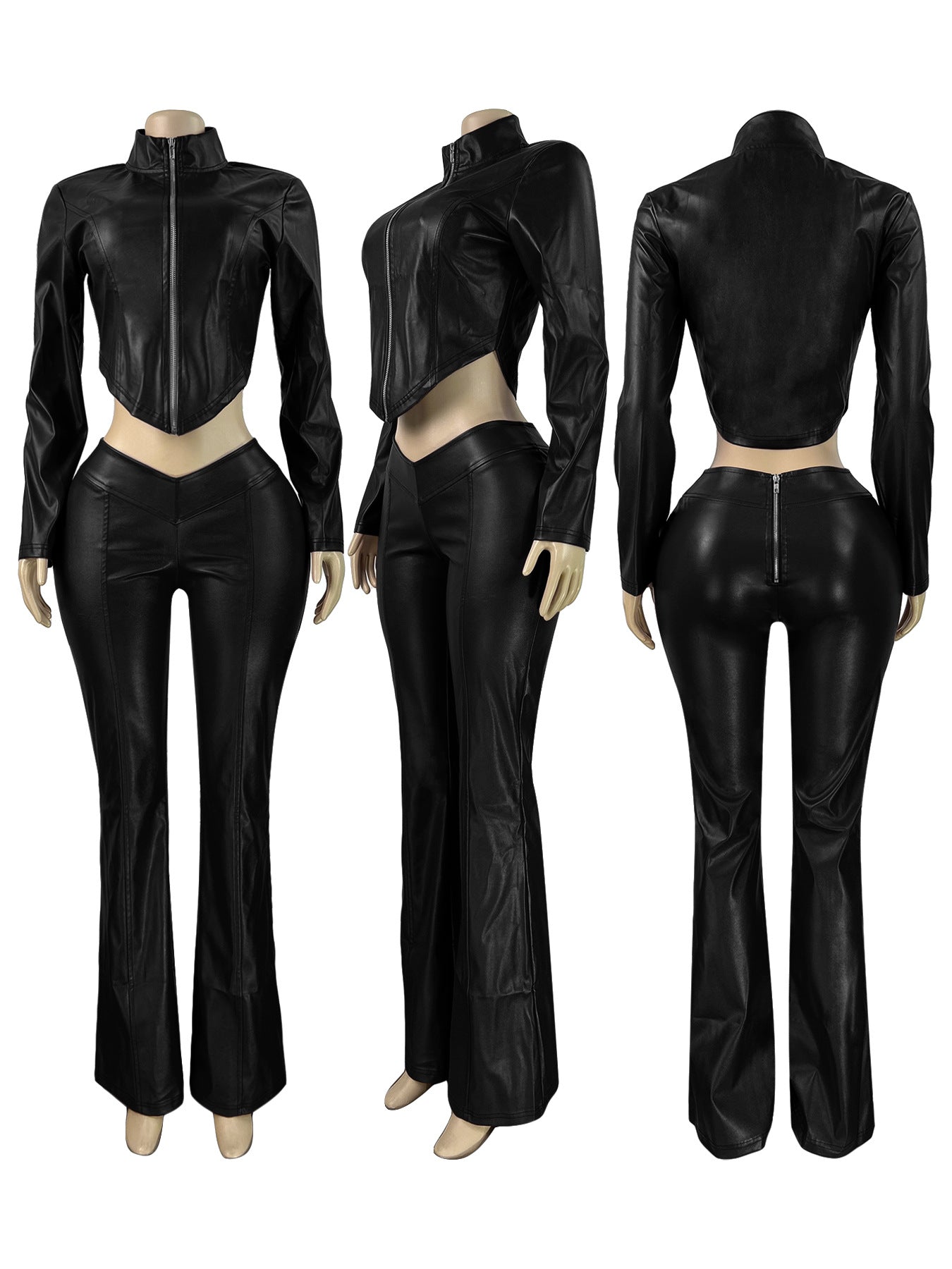 Women'S Fashion Slim Fit Zipper Stretch Leather Casual Flared Pants Set